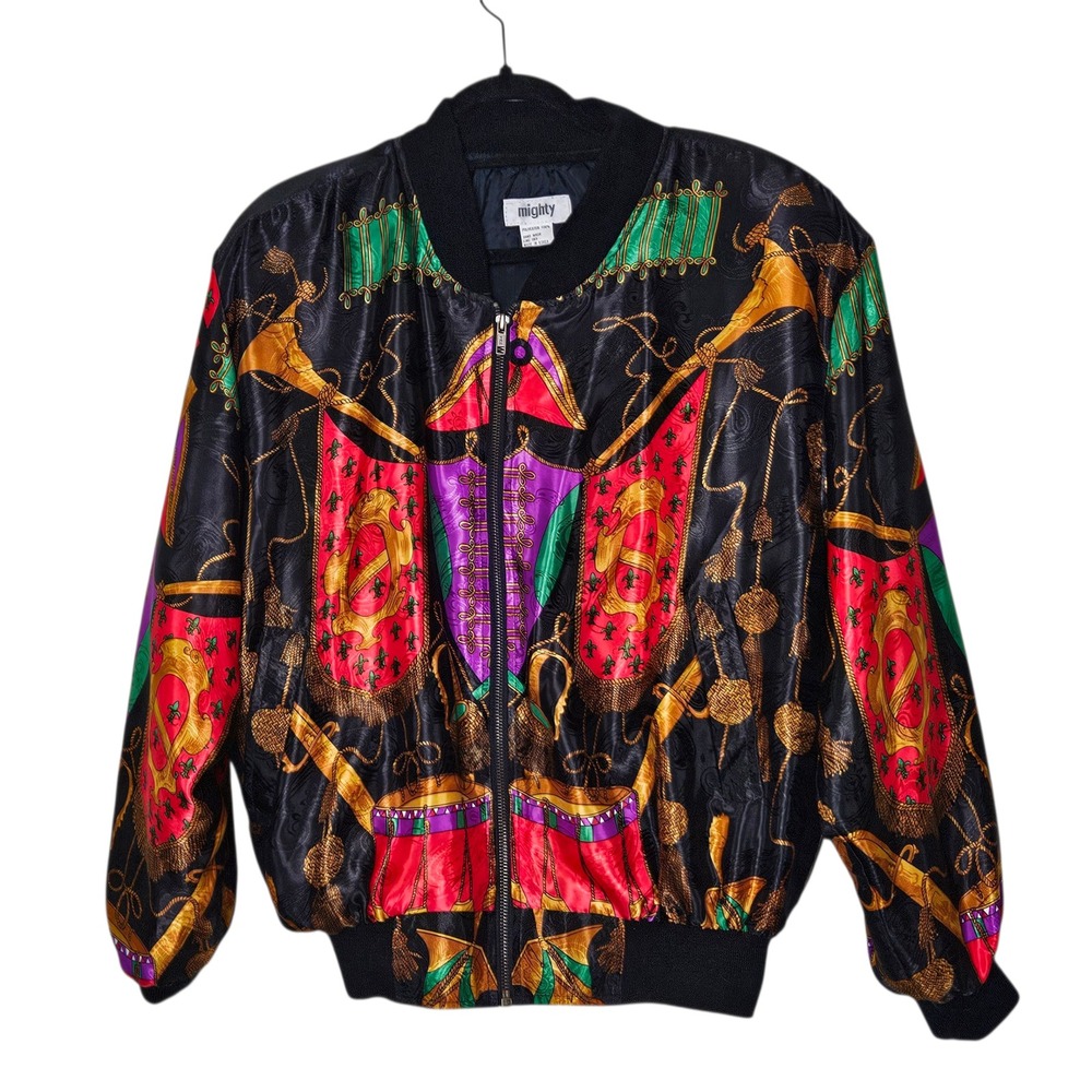 Vintage Mighty‎ Bomber Jacket Festival Print Gold Rope Trompe L'oeil Retro